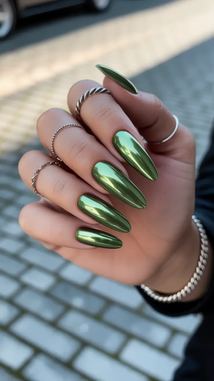 Winter Acrylic Nails 2025–2026 Frosted Olive Chrome Magic