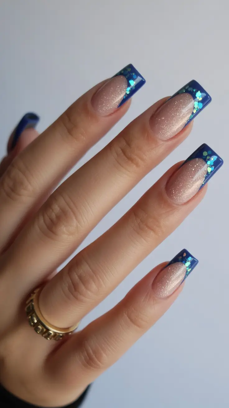 Winter Acrylic Nails 2025–2026 Blue Glitter French Fantasy