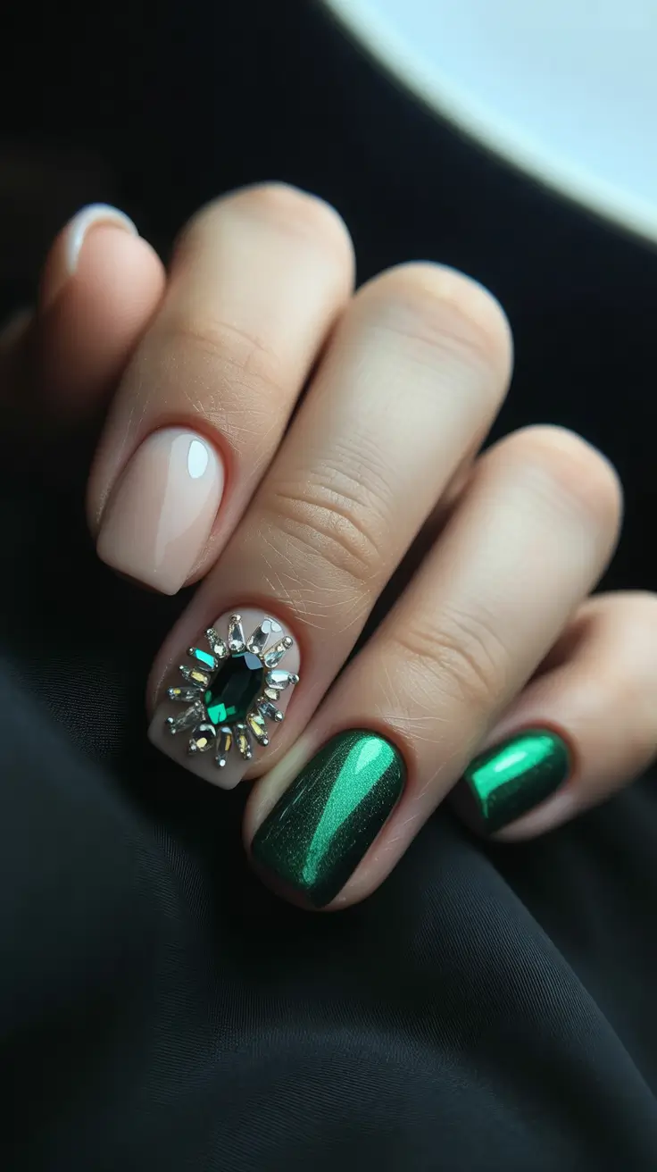 Winter Acrylic Nails 2025–2026 Emerald Glamour with Nude Contrast