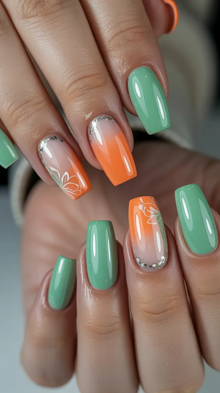 Winter Acrylic Nails 2025–2026 Mint & Tangerine Glow
