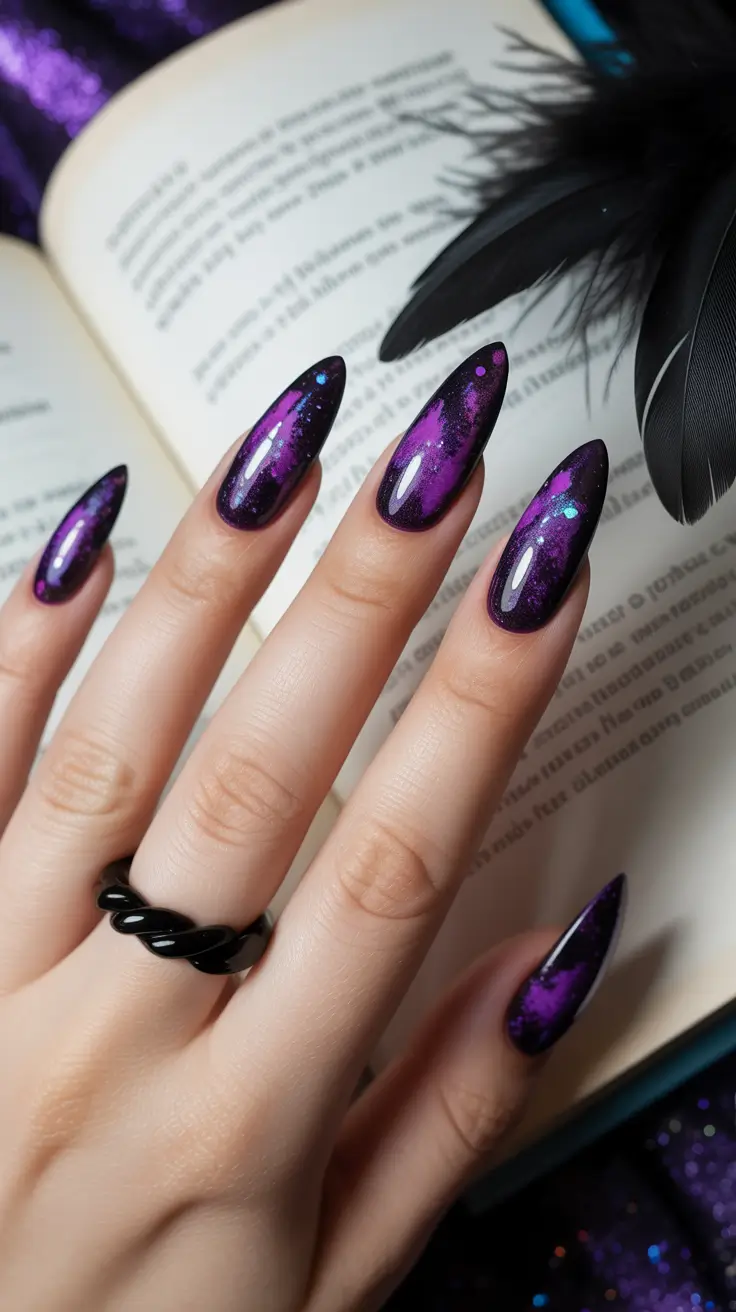 winter almond nails ideas 2025-2026 Galaxy Velvet Night