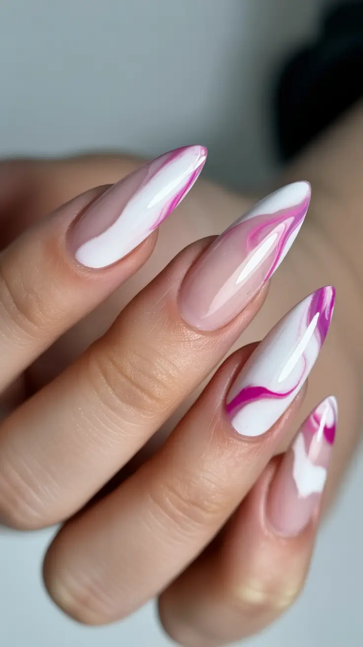winter almond nails ideas 2025-2026 Frosted Pink Marble