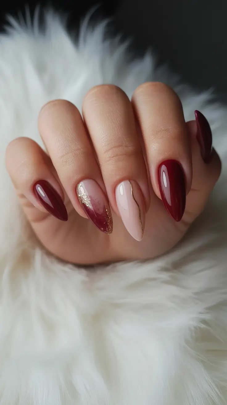 winter almond nails ideas 2025-2026 Wine & Gold Symphony