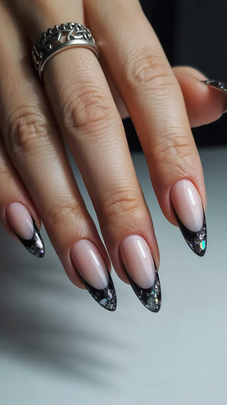 winter almond nails ideas 2025-2026 Black Crystal Tips