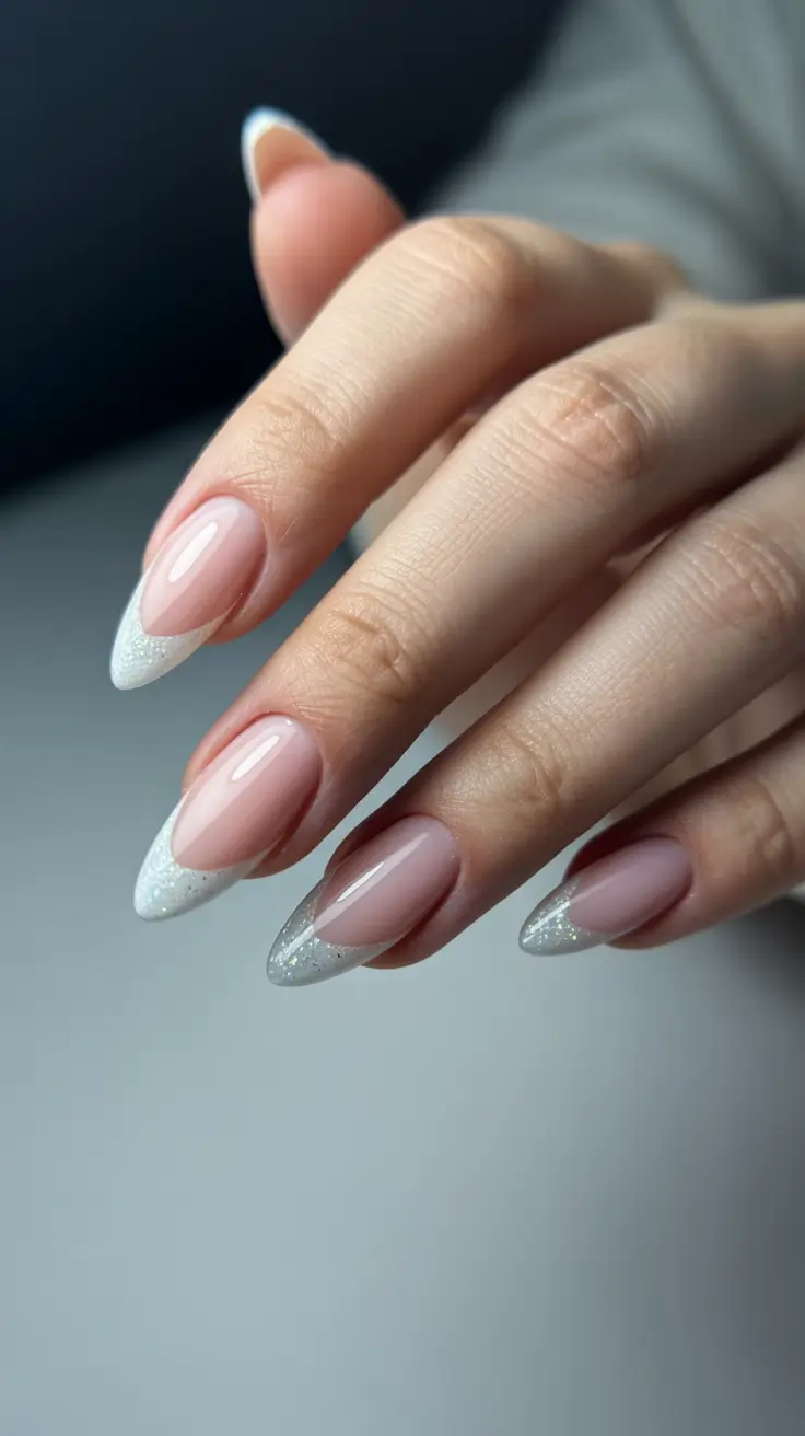 winter almond nails ideas 2025-2026 Snowflake French Spark