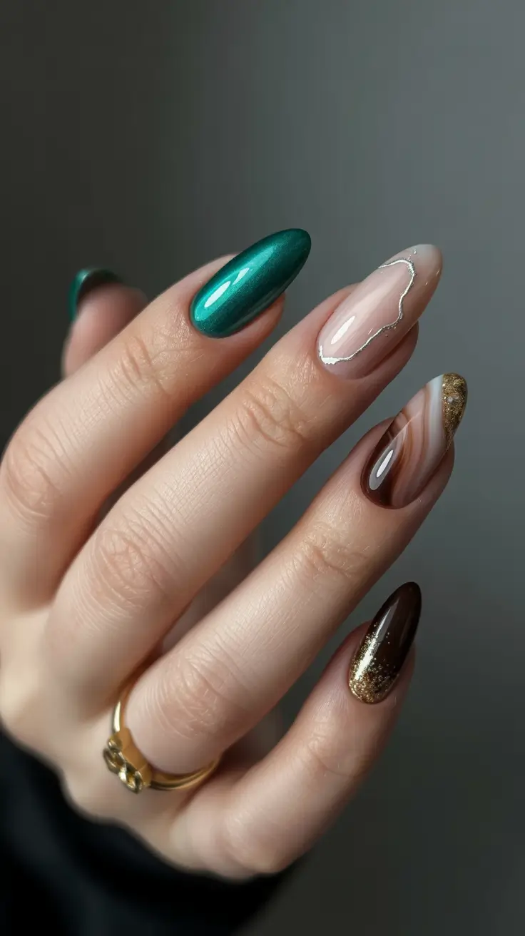 winter almond nails ideas 2025-2026 Emerald & Mocha Dream