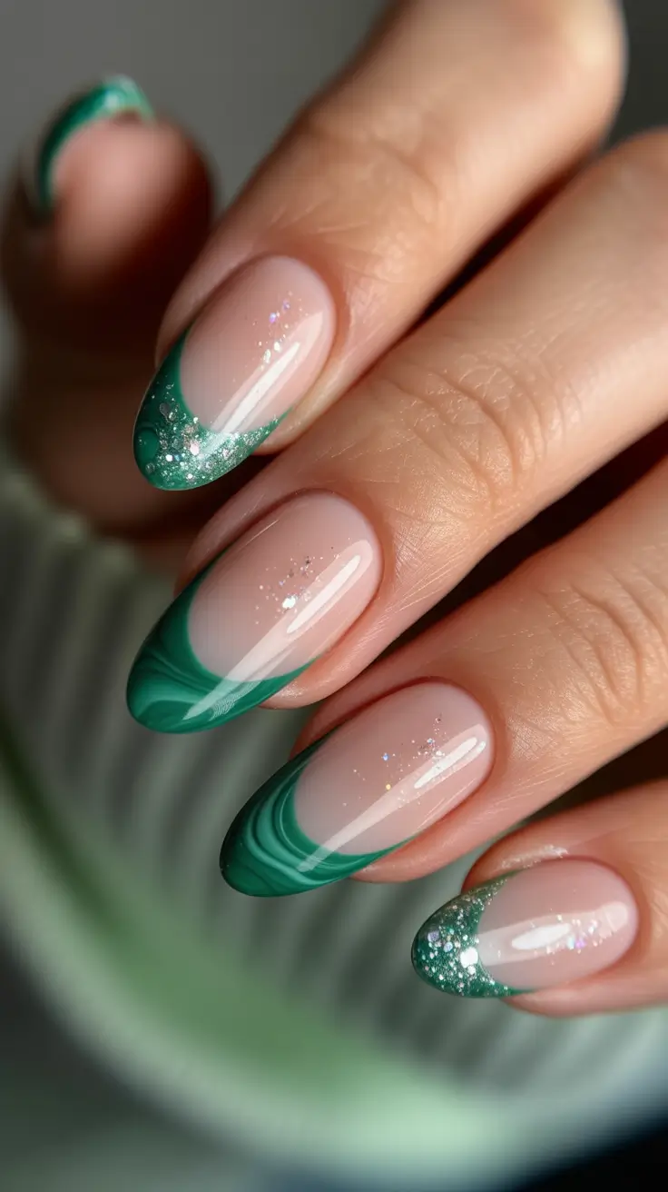 winter almond nails ideas 2025-2026 Emerald Swirl Luxe