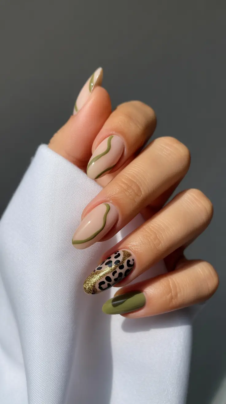 winter almond nails ideas 2025-2026 Olive Luxe & Leopard Spark
