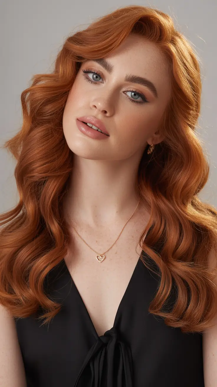 winter hair colors auburn ideas 2025-2026 Soft Copper Waves with a Vintage Glow