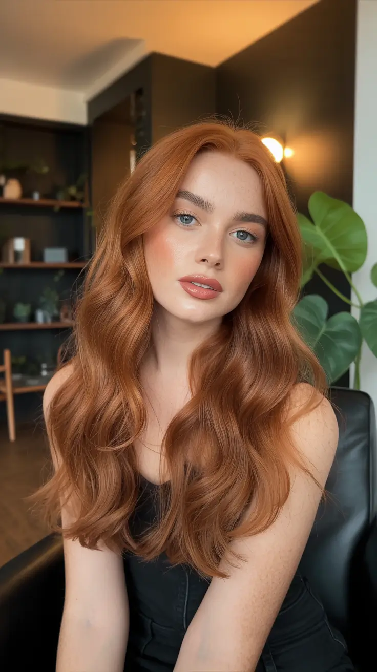 winter hair colors auburn ideas 2025-2026 Soft Amber Auburn Waves