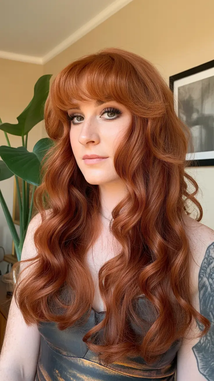 winter hair colors auburn ideas 2025-2026 Vintage Copper Curls with Bangs