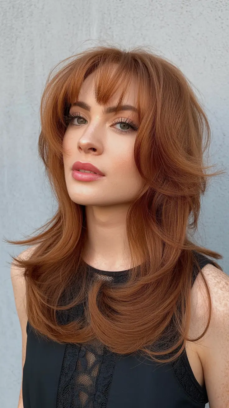 winter hair colors auburn ideas 2025-2026 Copper Layers with Wispy Bangs
