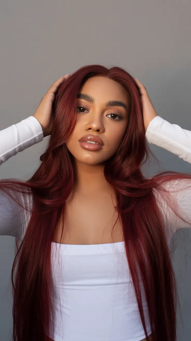 winter hair colors auburn ideas 2025-2026 Long Cherry Wine Layers