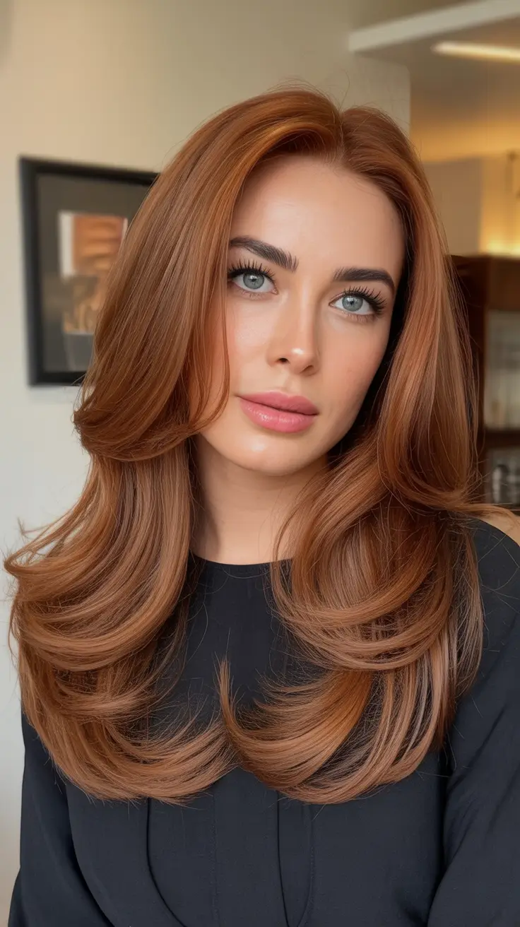 winter hair colors auburn ideas 2025-2026 Golden Auburn Layers with Soft Volume