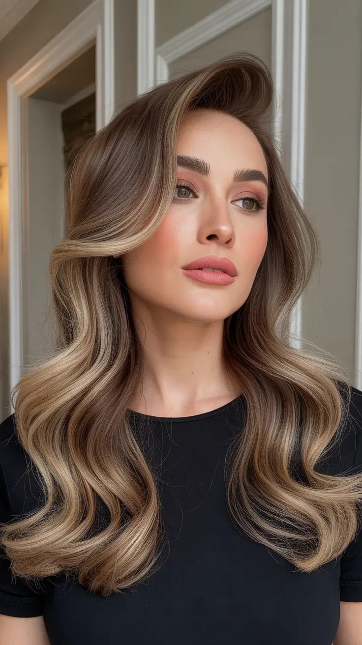 winter hair colors balayage ideas 2025-2026 Soft Beige Waves with Honey Dimension