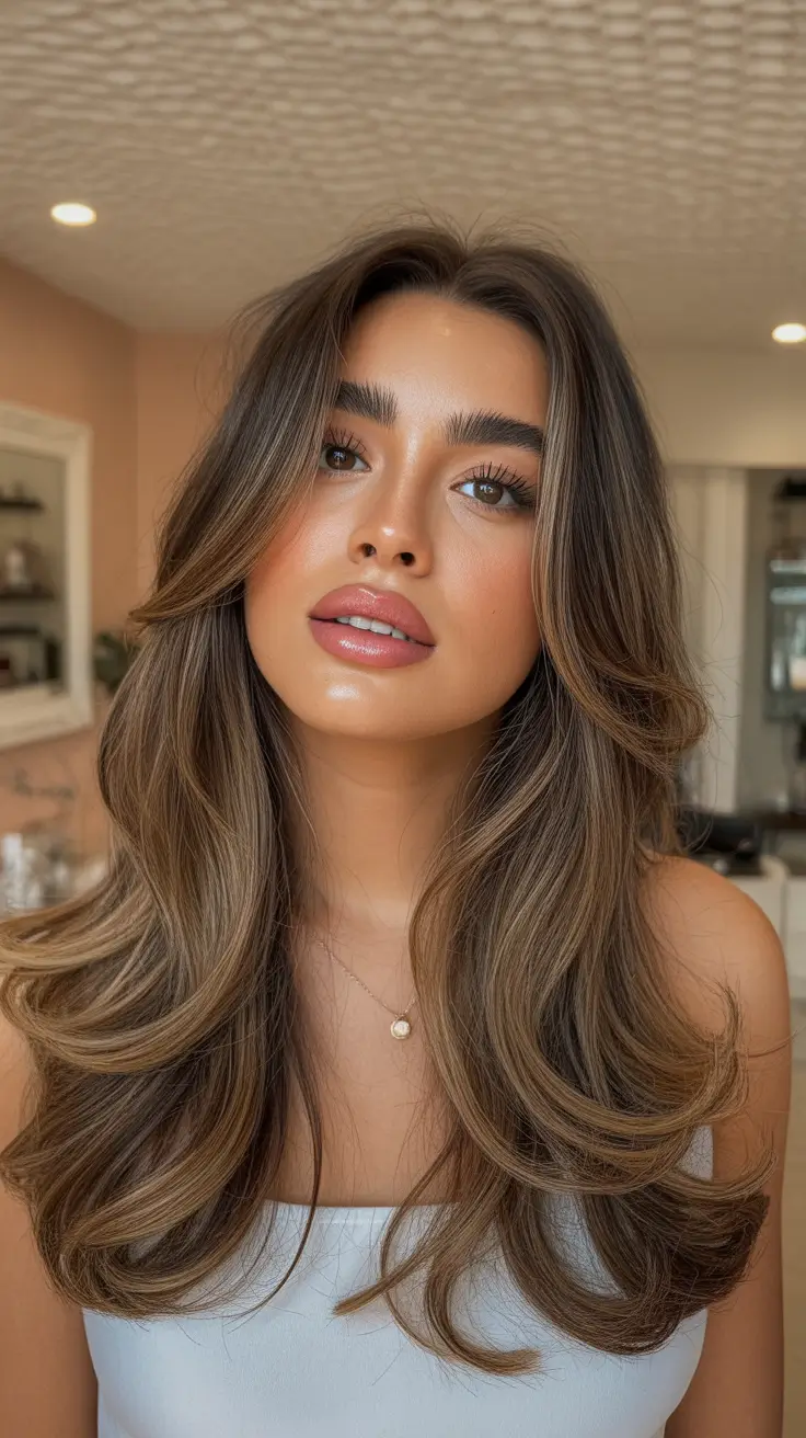 winter hair colors balayage ideas 2025-2026 Bronzed Chestnut Balayage with Long Layers