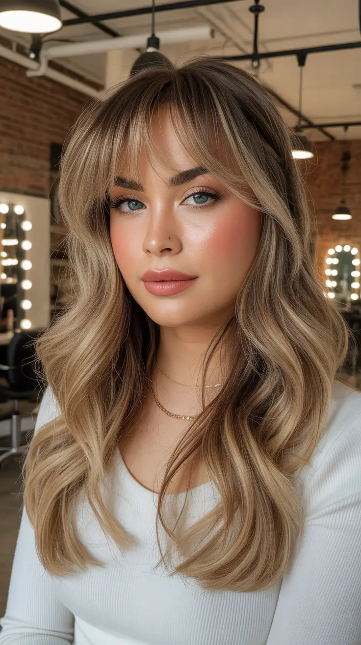 winter hair colors balayage ideas 2025-2026 Golden Beige Waves with Curtain Bangs