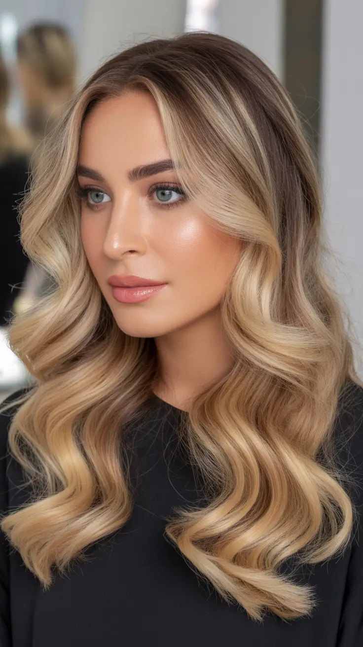 winter hair colors balayage ideas 2025-2026 Buttery Blonde with Soft Shadow Roots