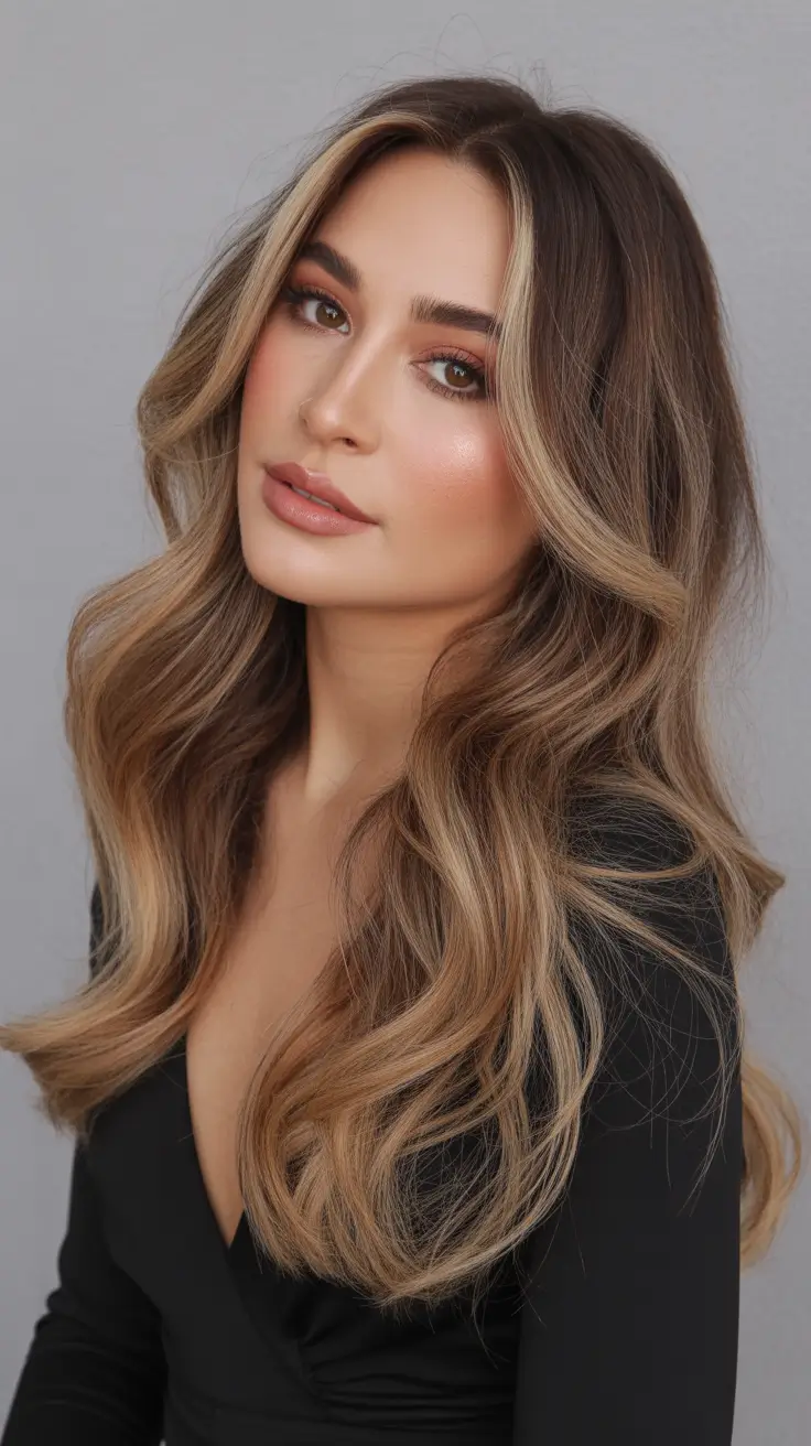 winter hair colors balayage ideas 2025-2026 Golden Walnut Balayage with Luminous Depth