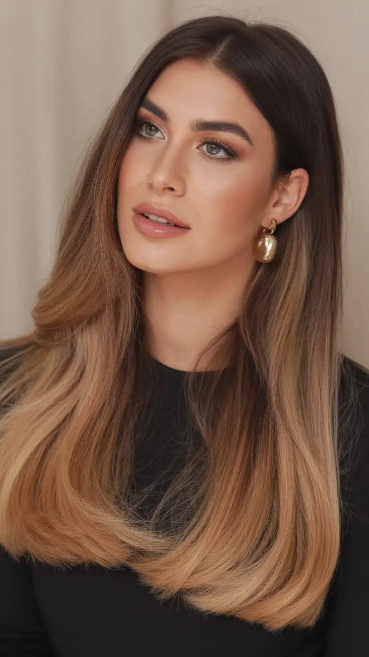 winter hair colors balayage ideas 2025-2026 Soft Caramel Ombre on Brunette Lengths
