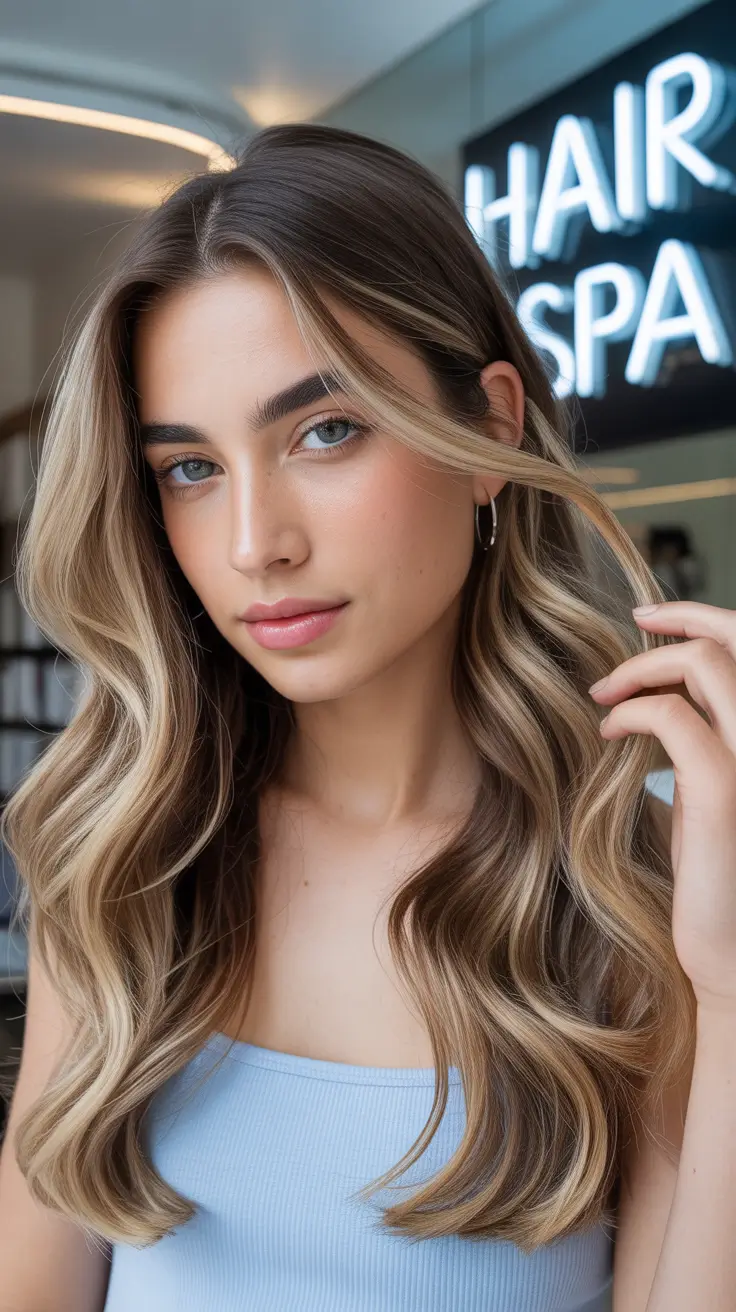 winter hair colors balayage ideas 2025-2026 Golden Mocha Balayage with Flowing Layers