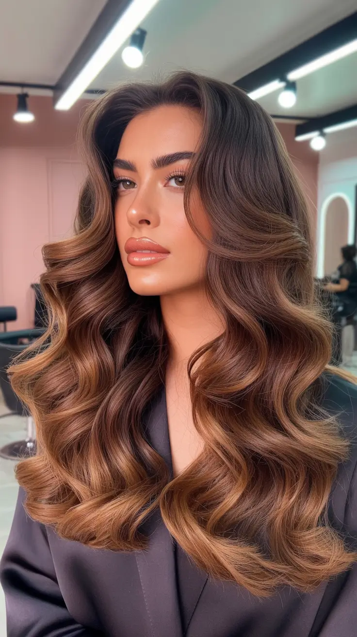 winter hair colors balayage ideas 2025-2026 Chocolate Caramel Elegance