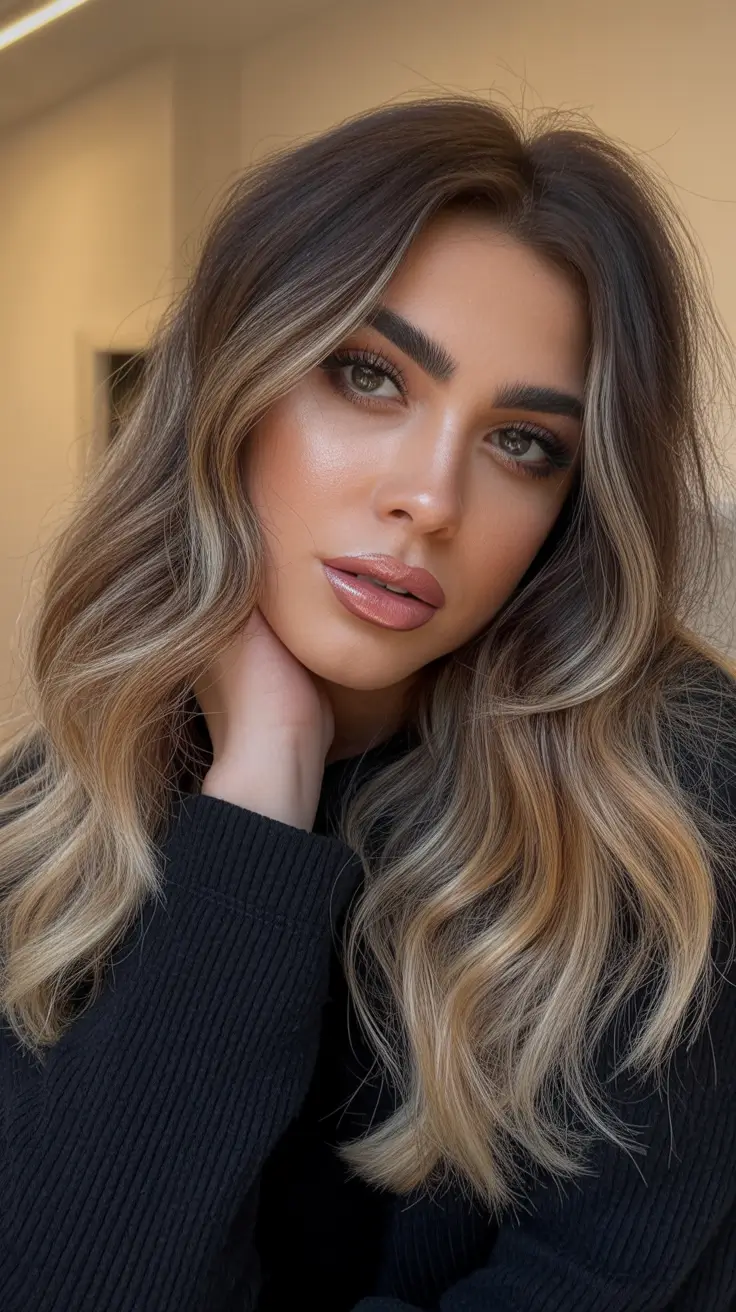 winter hair colors balayage ideas 2025-2026 Honey Beige Blend with Effortless Waves