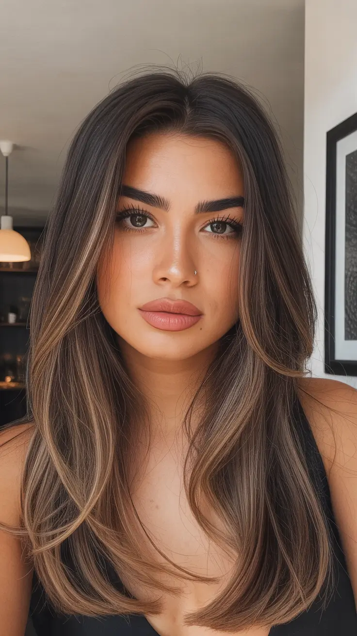 winter hair colors balayage ideas 2025-2026 Cool Espresso Layers with Subtle Light Play