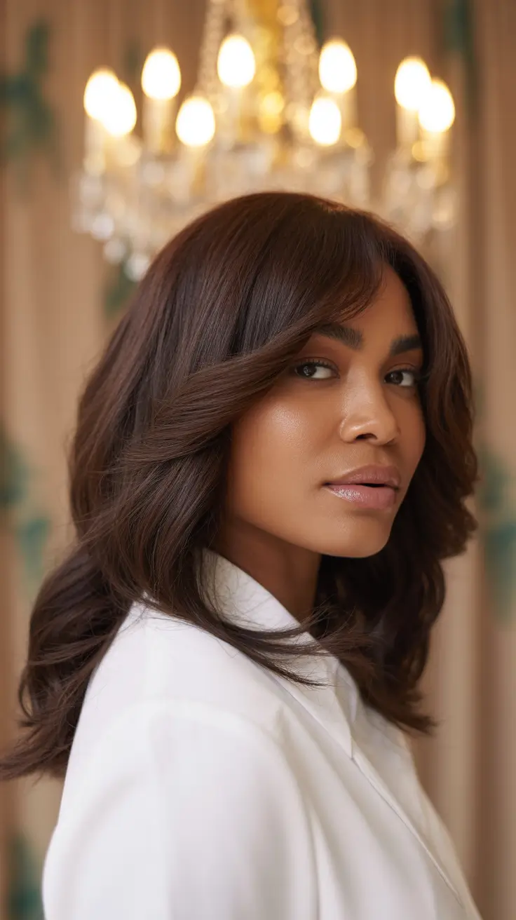 winter hair colors dark skin ideas 2025 - 2026 Soft Espresso Layers with Curtain Bangs