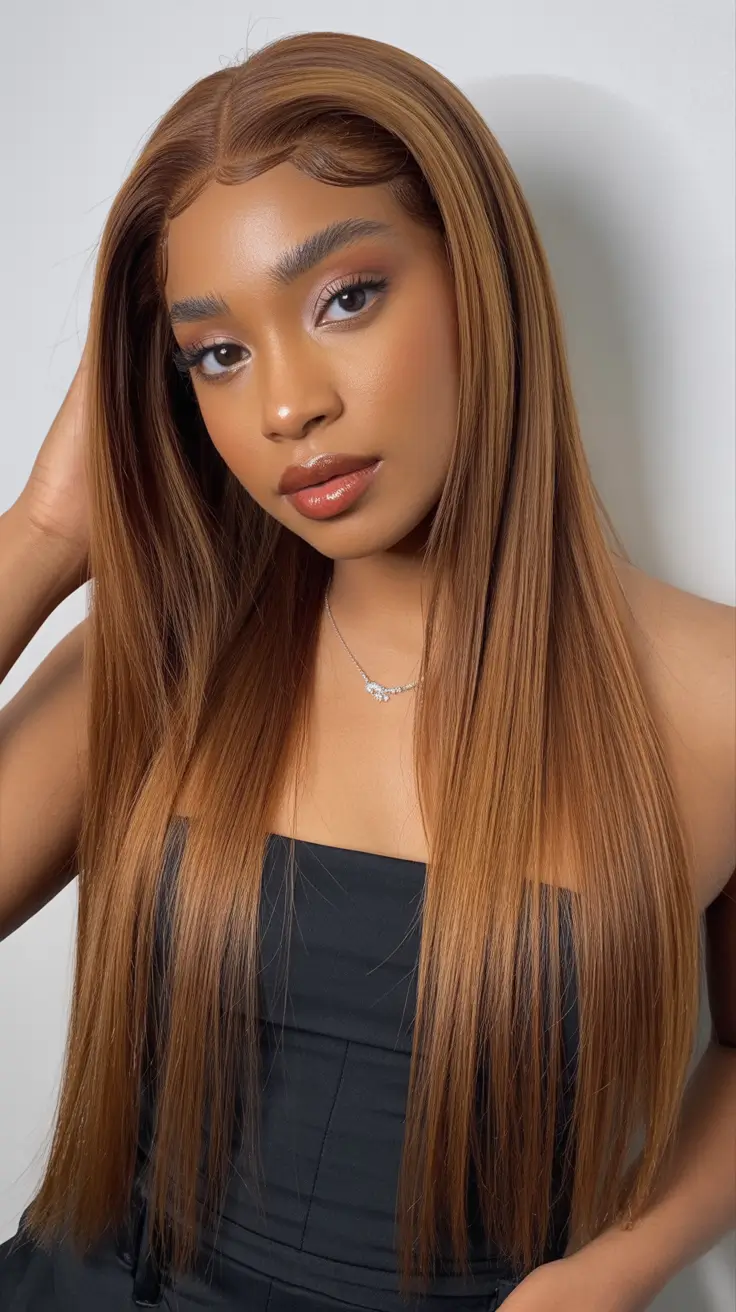 winter hair colors dark skin ideas 2025 - 2026 Warm Caramel Silk Straight