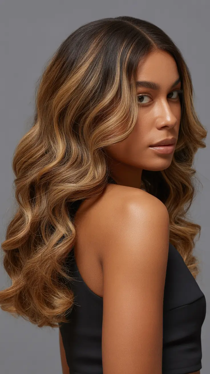 winter hair colors dark skin ideas 2025 - 2026 Golden Brown Balayage Volume