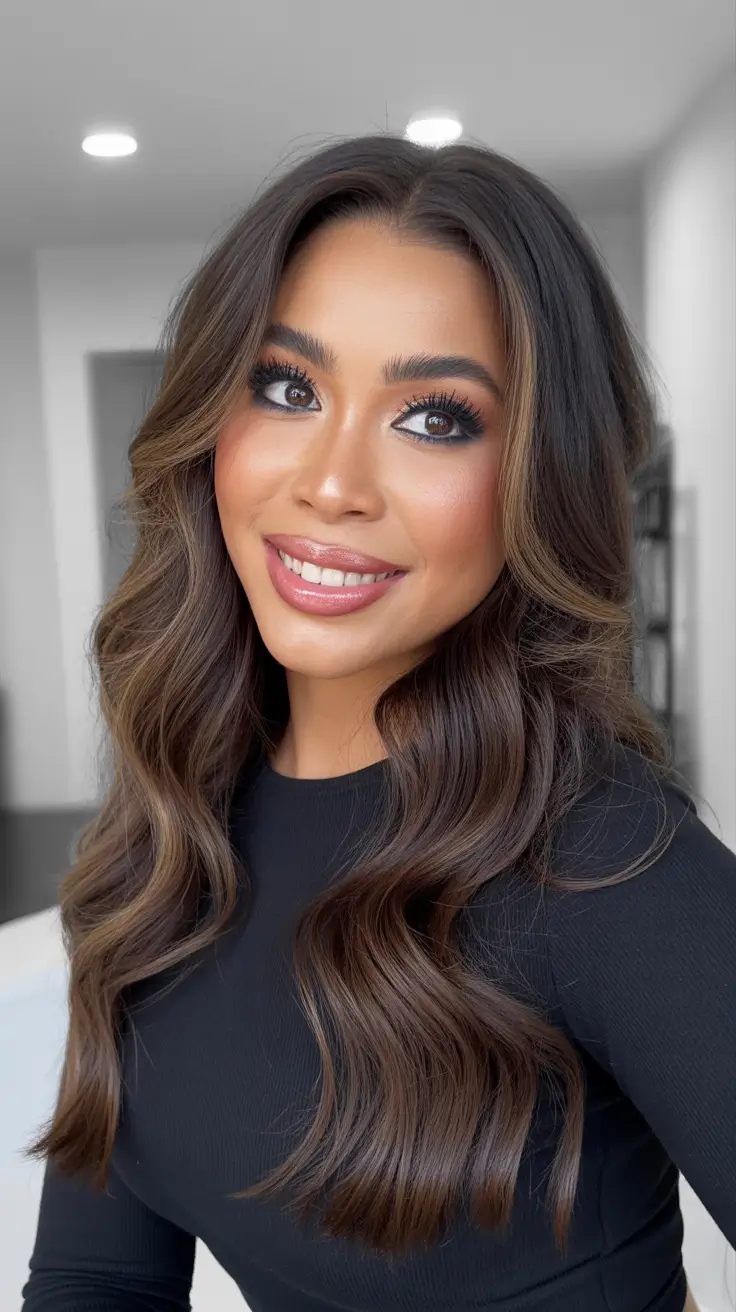 winter hair colors dark skin ideas 2025 - 2026 Subtle Balayage with Cocoa Waves