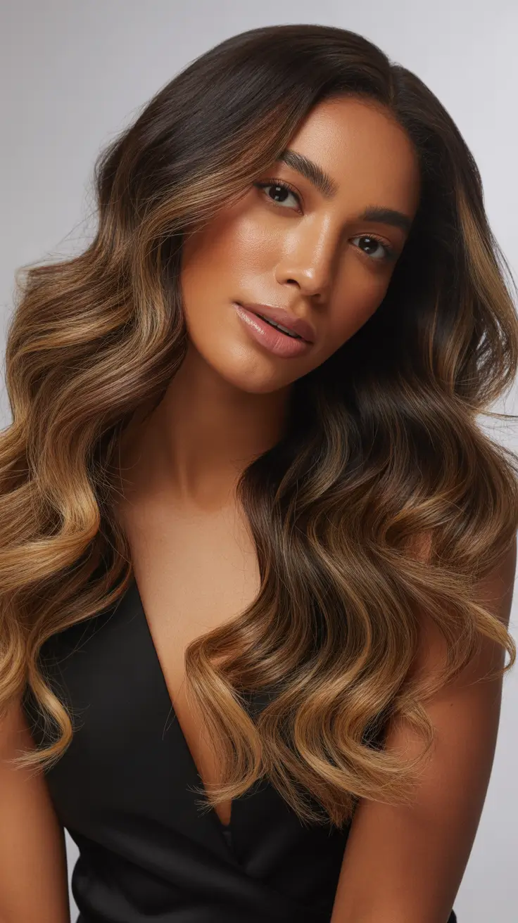 winter hair colors dark skin ideas 2025 - 2026 Golden Mocha Luxe Curls