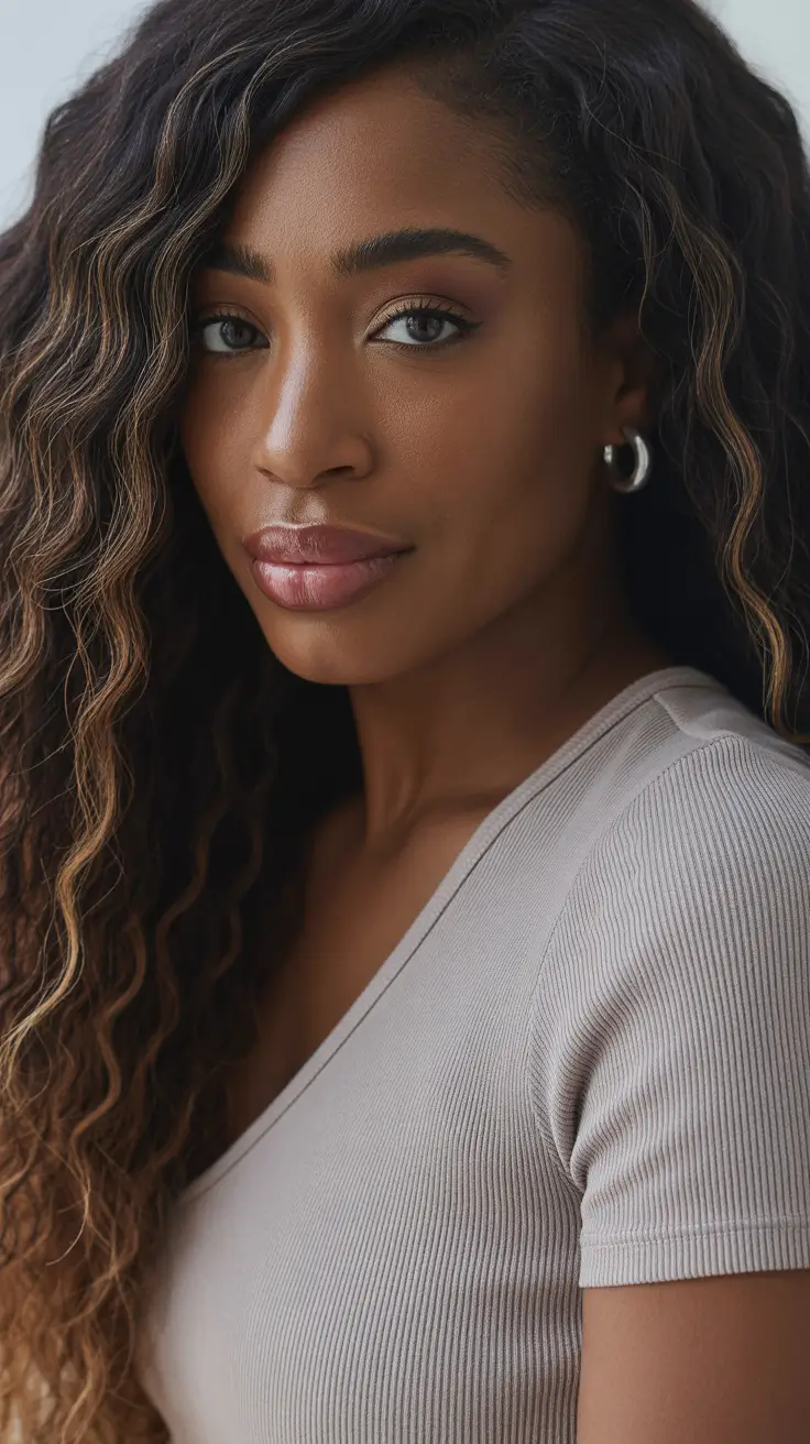 winter hair colors for black women ideas 2025 / 2026 Soft Cocoa Curls with Blonde Accents