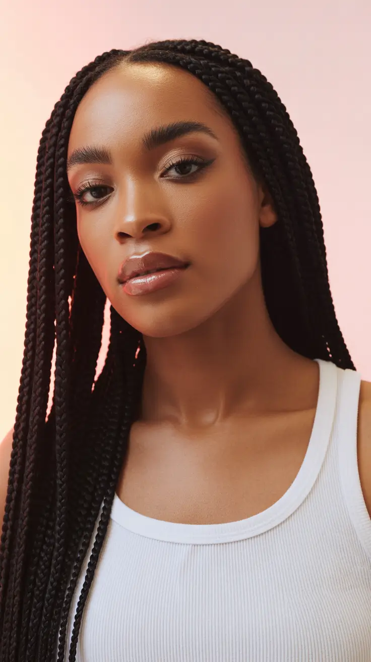 winter hair colors for black women ideas 2025 / 2026 Jet-Black Braids with Gloss Finish