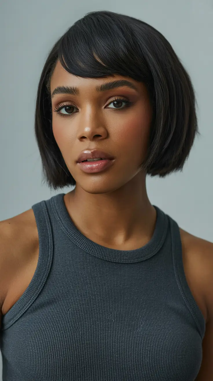 winter hair colors for black women ideas 2025 / 2026 Soft Jet Bob with Side-Swept Bangs