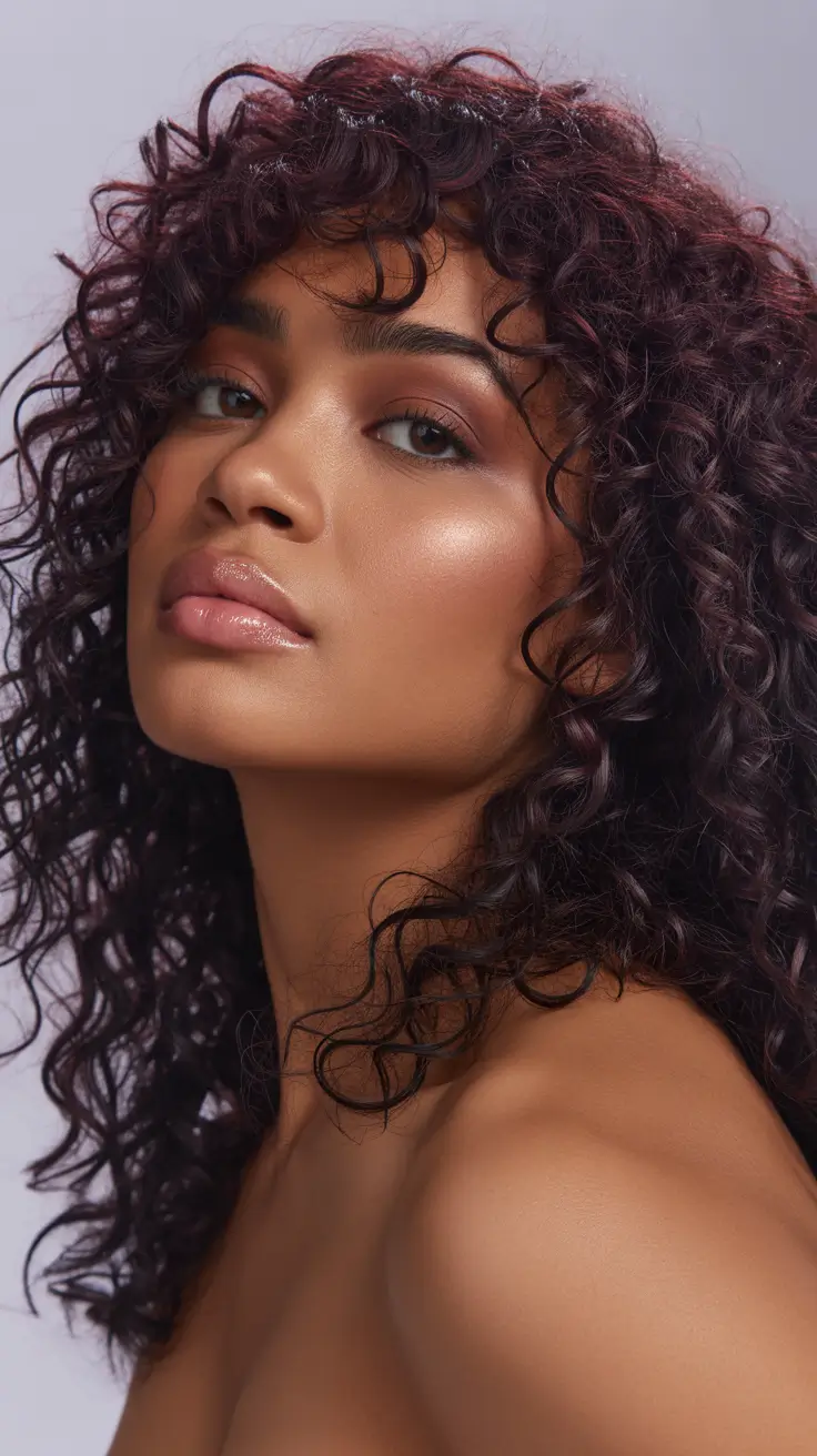 winter hair colors for black women ideas 2025 / 2026 Deep Burgundy Curls with Gloss Finish