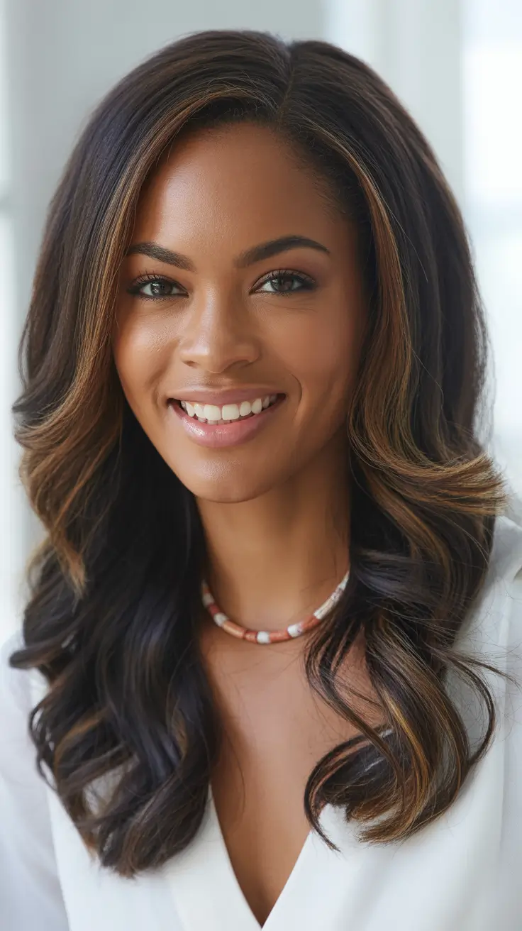 winter hair colors for black women ideas 2025 / 2026 Chocolate Brown with Honey Ribbons