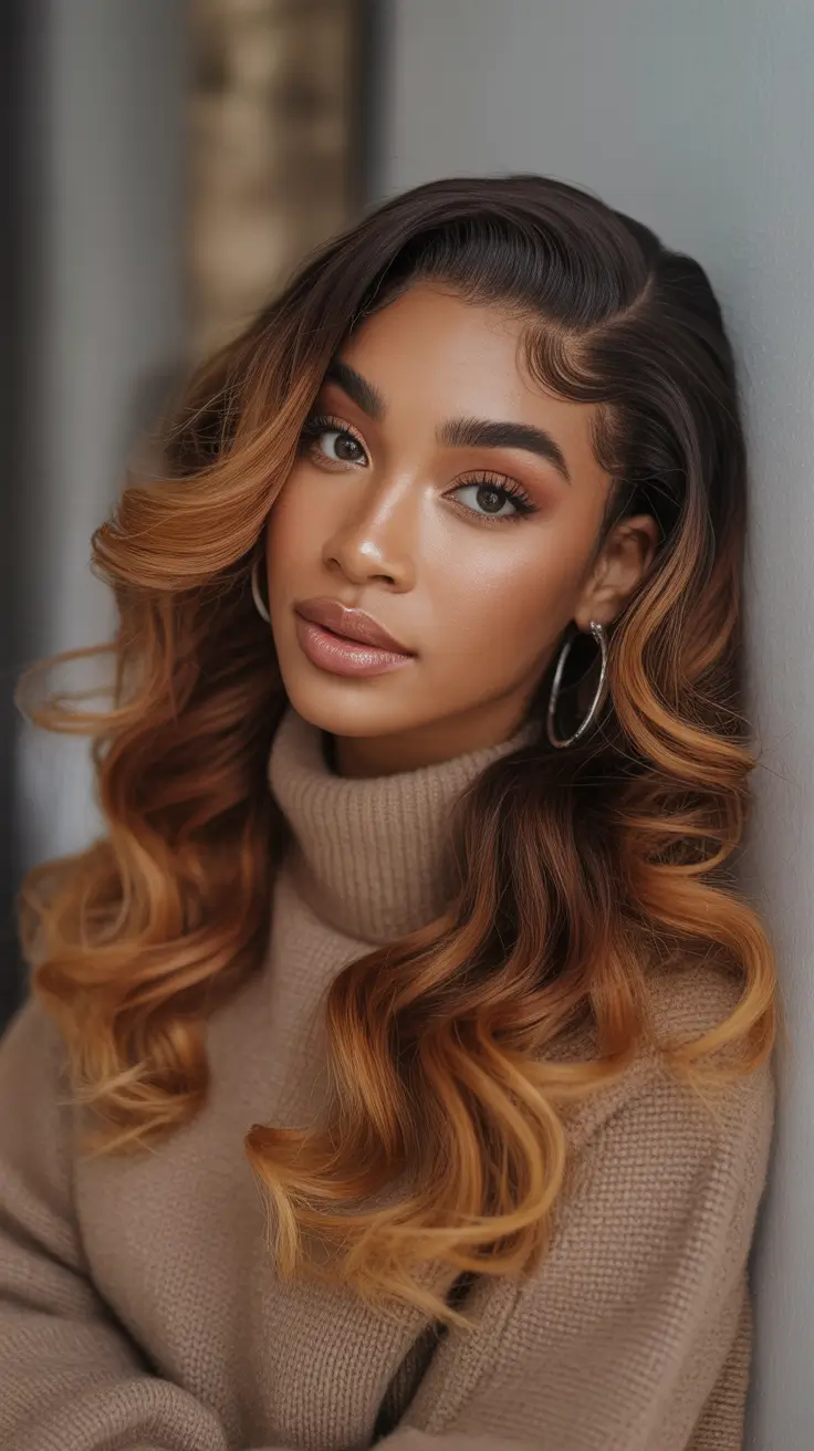 winter hair colors for black women ideas 2025 / 2026 Maple Caramel Balayage Waves