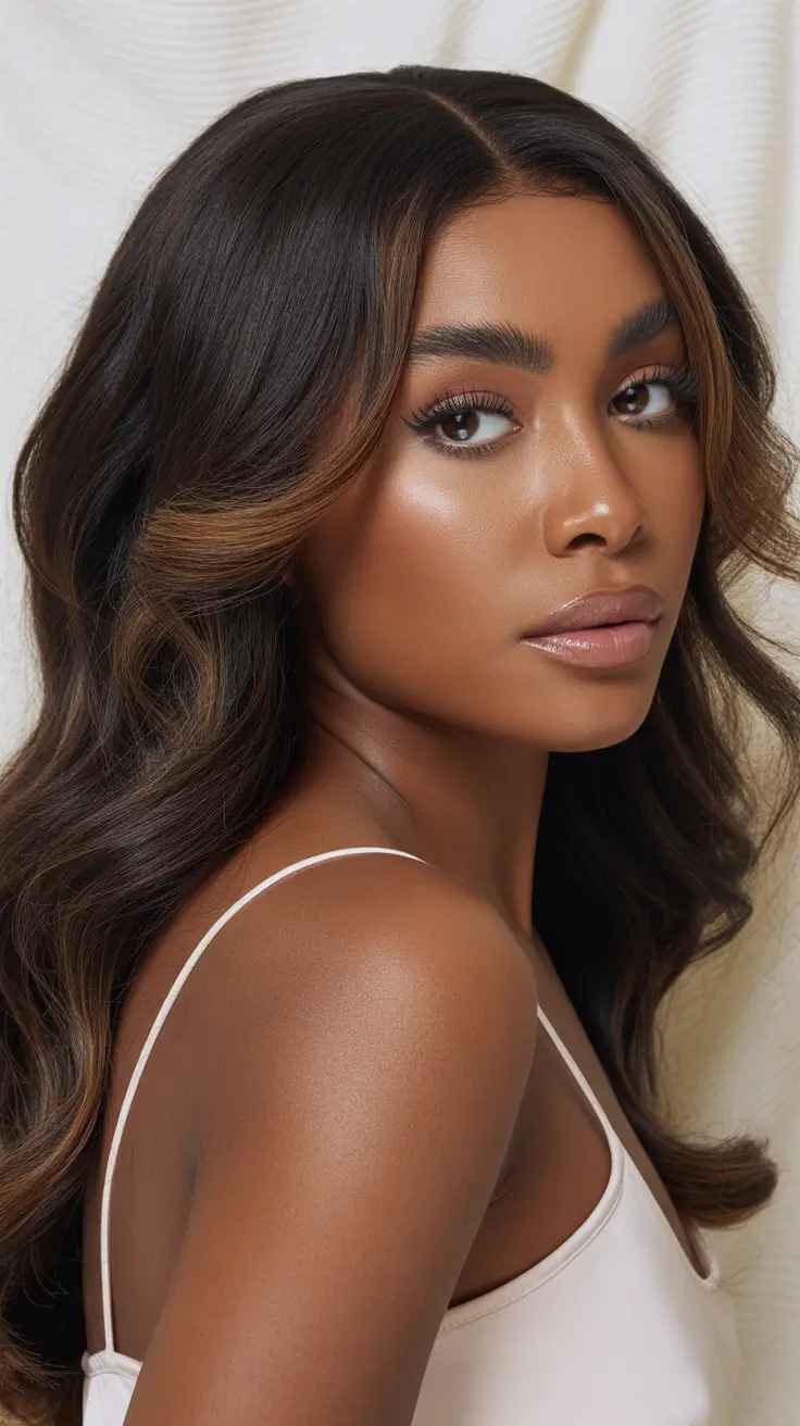 winter hair colors for black women ideas 2025 / 2026 Espresso Waves with Cinnamon Highlights