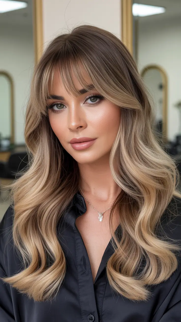 winter hair colors for blondes ideas 2025 - 2026 Warm Dimensional Bronde with Bangs