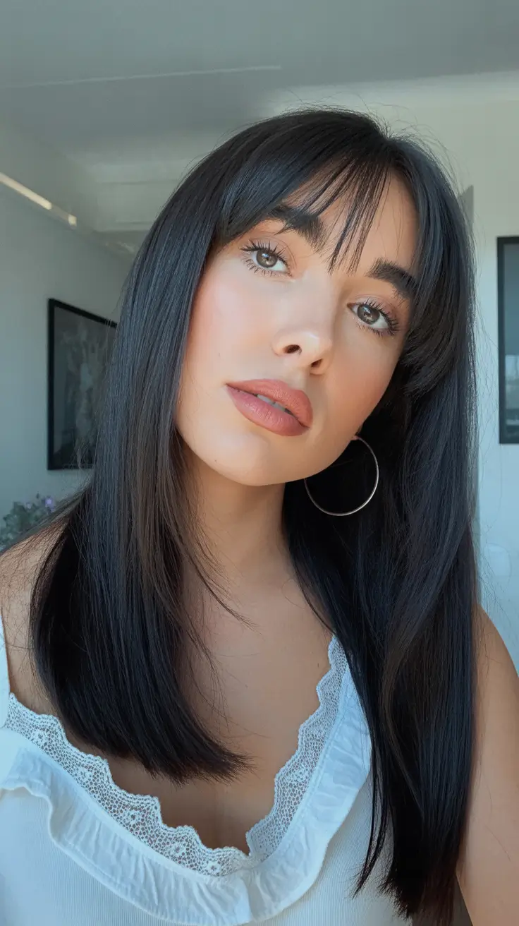 winter hair colors for brown hair ideas 2025 / 2026 Soft Brunette with Wispy Bangs