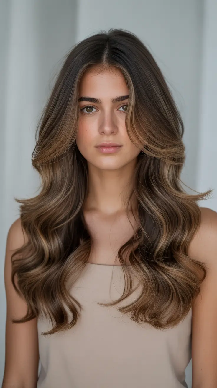 winter hair colors for brown hair ideas 2025 / 2026 Honeyed Brunette with Face-Framing Layers