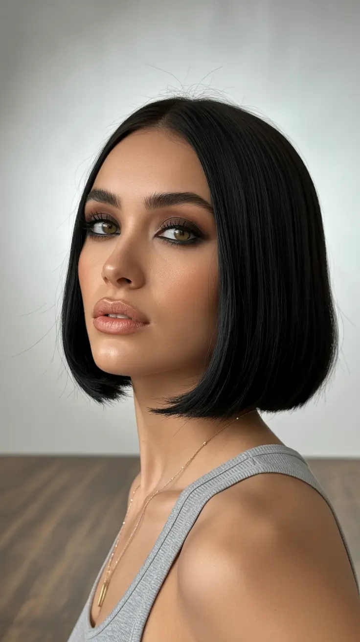 winter hair colors for brown hair ideas 2025 / 2026 Glossy Jet Brunette Bob