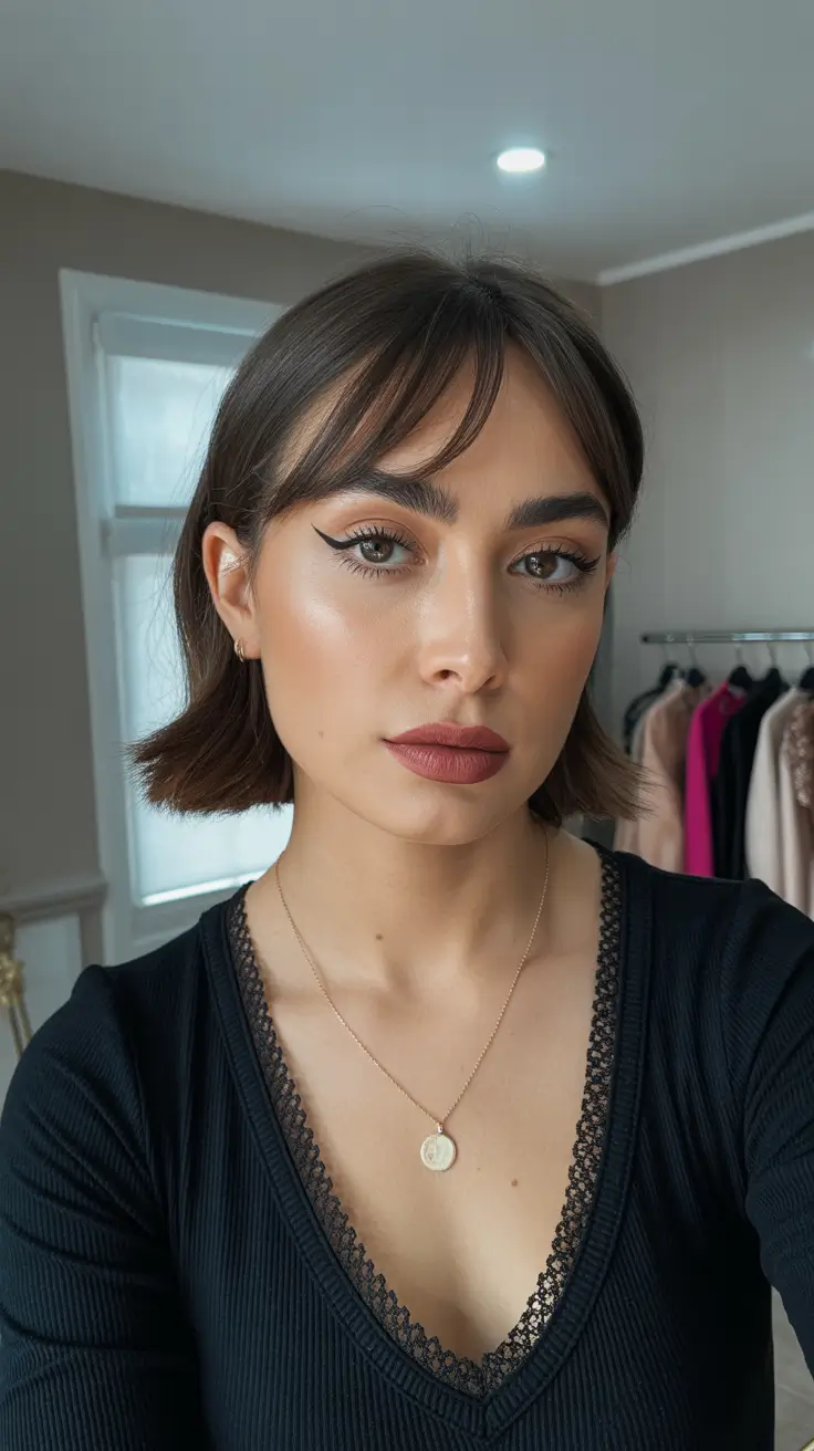 winter hair colors for brown hair ideas 2025 / 2026 Short Brunette Bob with Micro Fringe