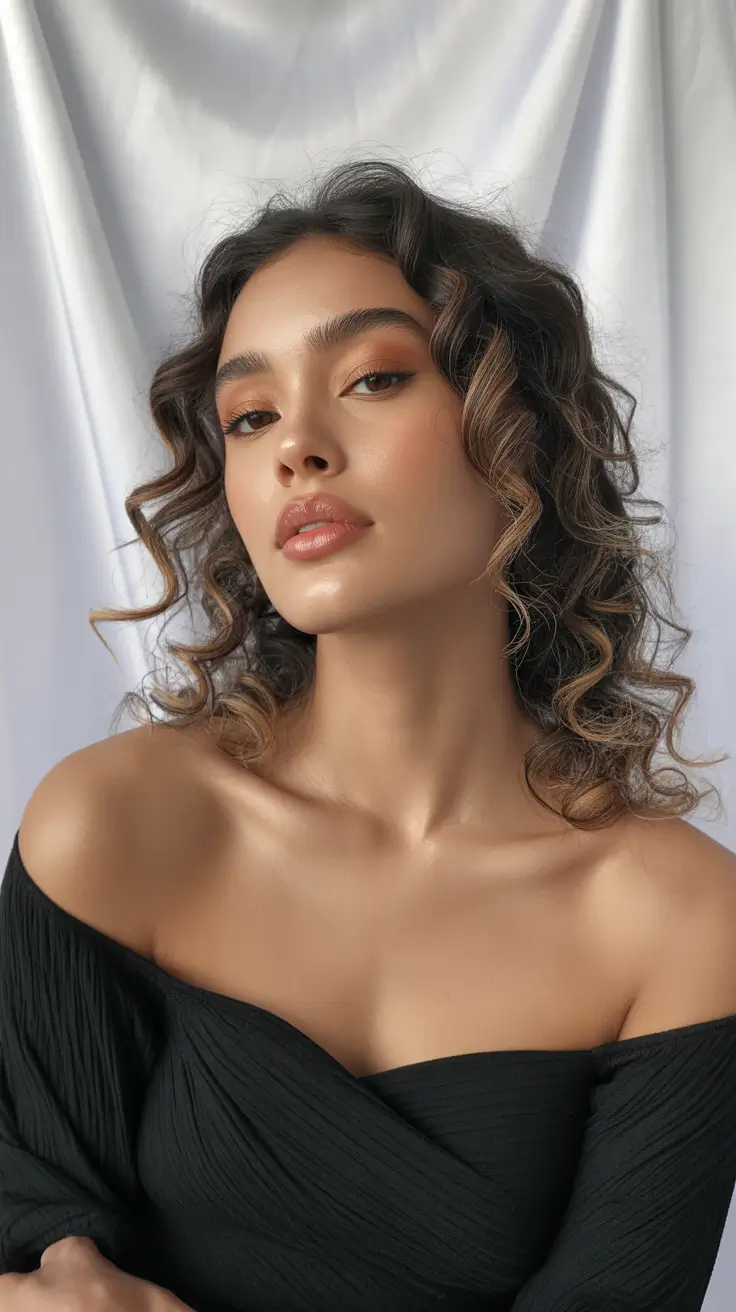 winter hair colors for brown hair ideas 2025 / 2026 Curly Brunette with Golden Accents