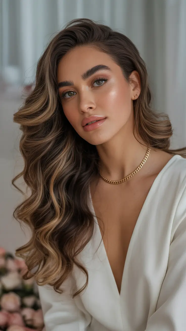 winter hair colors for brown hair ideas 2025 / 2026 Golden Brunette Balayage for Winter Radiance