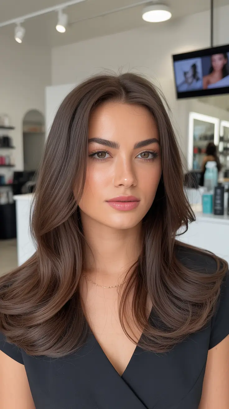 winter hair colors for brunettes ideas 2025-2026 Glossy Mocha Blowout