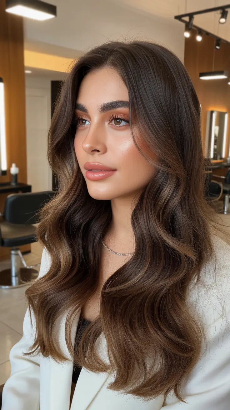 winter hair colors highlights ideas 2025 - 2026 Soft Espresso Waves with Buttery Warmth
