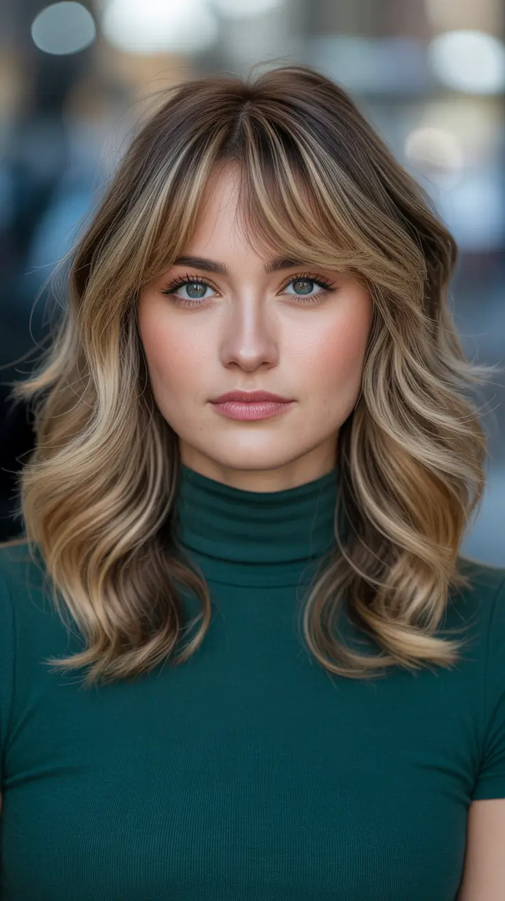 Winter Haircuts for Round Faces 2025-2026 Style Guide Golden Balayage with Soft Fringe